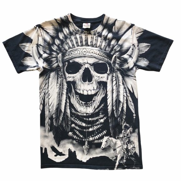 Vintage 90s Full Print Warrior Chief Skull T-Shirt - Picture 1 of 7